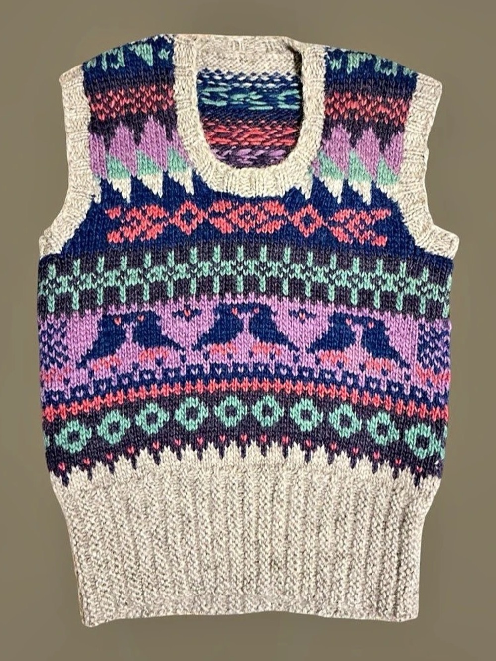 Vintage Hand-Knit Fair Isle Style Bird Motif Sweater Vest